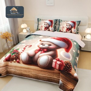 Cuvertura Matlasată, Bumbac Finet, cu Imprimeu 5D, 220x240cm + 2 fete de perna 50x70cm, Bej, Ursulet