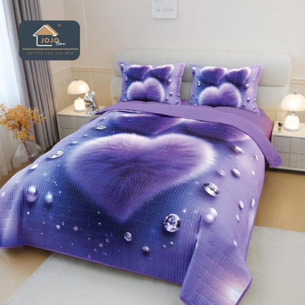 Cuvertura Matlasată, Bumbac Finet, cu Imprimeu 5D, 220x240cm + 2 fete de perna 50x70cm, Lila, Inimioara [1]