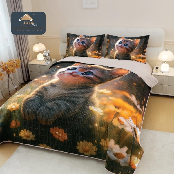 Cuvertura Matlasată, Bumbac Finet, cu Imprimeu 5D, 220x240cm + 2 fete de perna 50x70cm, Bej, Pisicuta [1]