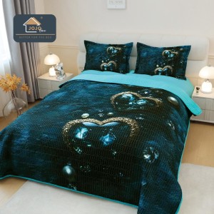 Cuvertura Matlasată, Bumbac Finet, cu Imprimeu 5D, 220x240cm + 2 fete de perna 50x70cm, Turquoise Marin, Heart of Ocean