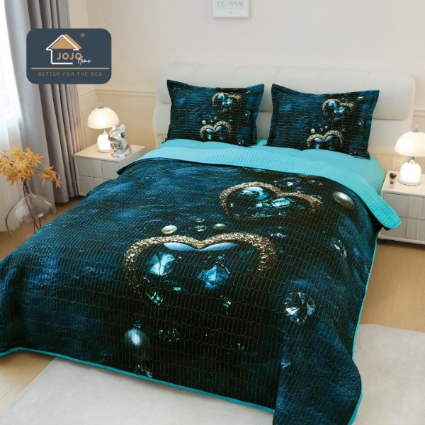 Cuvertura Matlasată, Bumbac Finet, cu Imprimeu 5D, 220x240cm + 2 fete de perna 50x70cm, Turquoise Marin, Heart of Ocean [1]