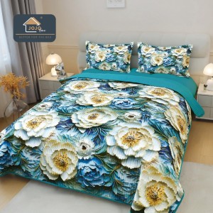 Cuvertura Matlasată, Bumbac Finet, cu Imprimeu 5D, 220x240cm + 2 fete de perna 50x70cm, Turquoise, Alb, Flori