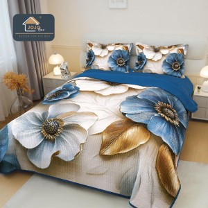 Cuvertura Matlasată, Bumbac Finet, cu Imprimeu 5D, 220x240cm + 2 fete de perna 50x70cm, Crem, Albastru, Flori Cuvertura Matlasată, Bumbac Finet, cu Imprimeu 5D, 220x240cm + 2 fete de perna 50x70cm, Crem, Albastru, Flori