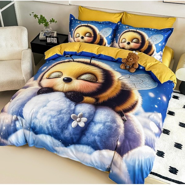 Lenjerie pat single,  FINET, Imprimeu Digital - Identic cu poza, 4 piese, cu ELASTIC, Jojo Home, Bleu, Galben, Albinuta [1]