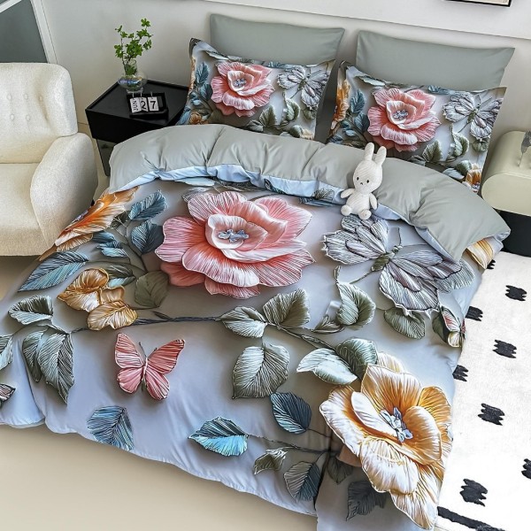 Lenjerie pat single,  FINET, Imprimeu Digital - Identic cu poza, 4 piese, cu ELASTIC, Jojo Home, Gri, Flori Brodate [1]