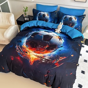 Lenjerie pat single,  FINET, Imprimeu Digital - Identic cu poza, 4 piese, cu ELASTIC, Jojo Home, Bleu, Bleumarin, Minge de Fotbal