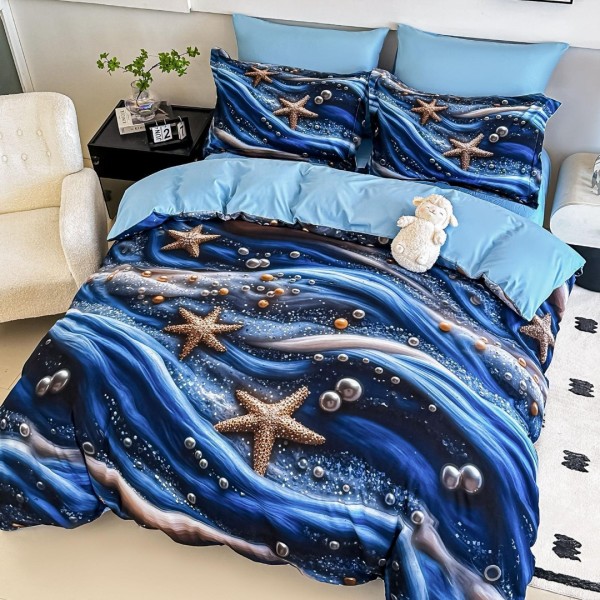 Lenjerie pat single,  FINET, Imprimeu Digital - Identic cu poza, 4 piese, cu ELASTIC, Jojo Home, Albastru, Stelute de Mare, Perle [1]