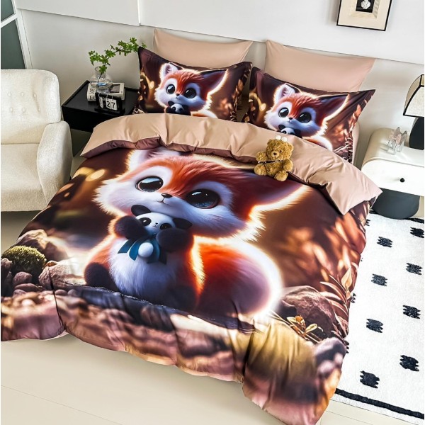 Lenjerie pat single,  FINET, Imprimeu Digital - Identic cu poza, 4 piese, cu ELASTIC, Jojo Home, Bej, Multicolor, Veverita [1]