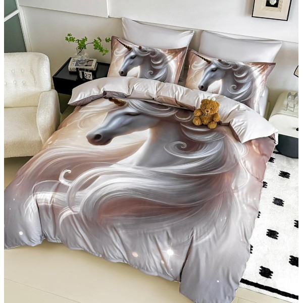 Lenjerie pat single,  FINET, Imprimeu Digital - Identic cu poza, 4 piese, cu ELASTIC, Jojo Home, Gri, Alb, Unicorn [1]