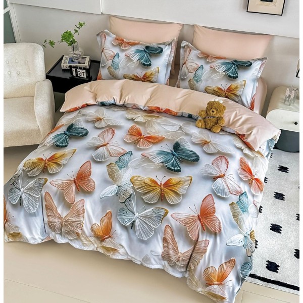 Lenjerie pat single,  FINET, Imprimeu Digital - Identic cu poza, 4 piese, cu ELASTIC, Jojo Home, Gri, Bej, Fluturi [1]