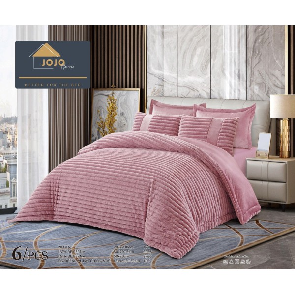 Lenjerie de pat cu Pilota Inclusa, Jojo Home, Cearceaf cu Elastic, 6 Piese, Blană de Iepure Artificială, Roz [1]