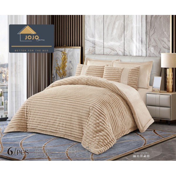 Lenjerie de pat cu Pilota Inclusa, Jojo Home, Cearceaf cu Elastic, 6 Piese, Blană de Iepure Artificială, Bej [1]