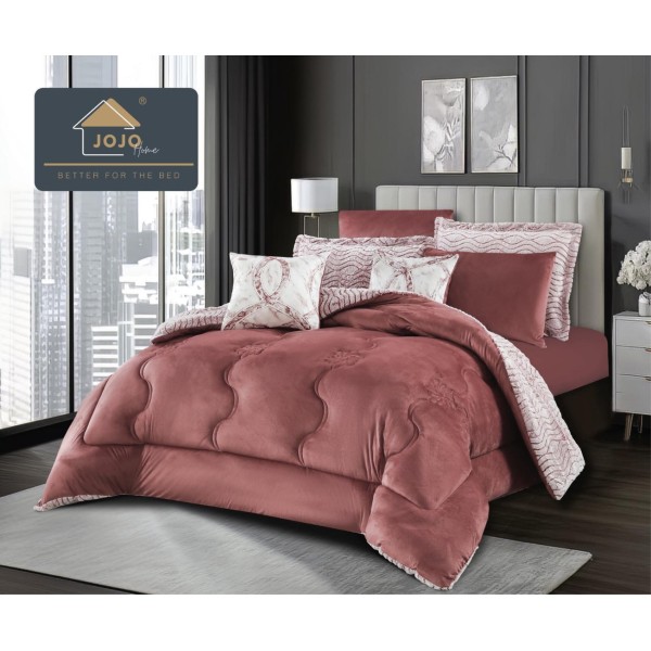 Lenjerie de pat cu Pilota Inclusa, Jojo Home, Cearceaf cu Elastic, 6 Piese, Blană de Iepure Artificială si Catifea, Roz Ars [1]