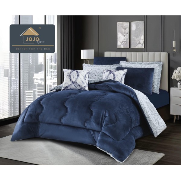 Lenjerie de pat cu Pilota Inclusa, Jojo Home, Cearceaf cu Elastic, 6 Piese, Blană de Iepure Artificială si Catifea, Bleumarin [1]