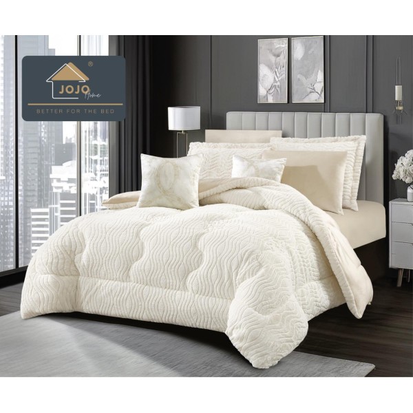 Lenjerie de pat cu Pilota Inclusa, Jojo Home, Cearceaf cu Elastic, 6 Piese, Blană de Iepure Artificială si Catifea, Crem [1]