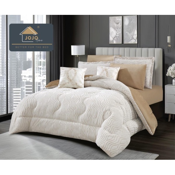 Lenjerie de pat cu Pilota Inclusa, Jojo Home, Cearceaf cu Elastic, 6 Piese, Blană de Iepure Artificială si Catifea, Alb cu Bej [1]