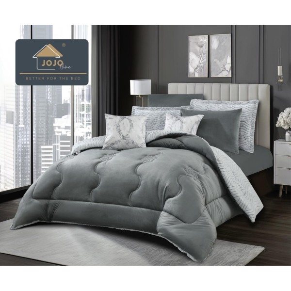 Lenjerie de pat cu Pilota Inclusa, Jojo Home, Cearceaf cu Elastic, 6 Piese, Blană de Iepure Artificială si Catifea, Gri [1]