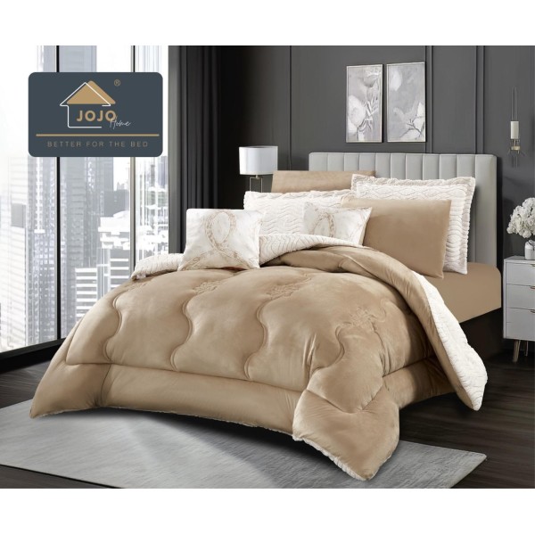 Lenjerie de pat cu Pilota Inclusa, Jojo Home, Cearceaf cu Elastic, 6 Piese, Blană de Iepure Artificială si Catifea, Cappuccino [1]