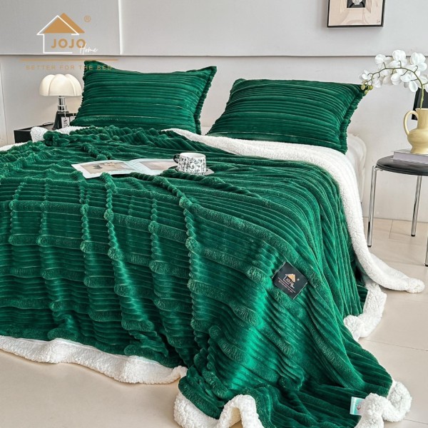 Patura CoCoLiNo cu blanita Sherpa, 200x230cm, cu Fermoar, cu 2 fete de perna 50x70cm, Jojo Home, Dungi, Verde Smarald [1]