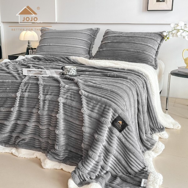 Patura CoCoLiNo cu blanita Sherpa, 200x230cm, cu Fermoar, cu 2 fete de perna 50x70cm, Jojo Home, Dungi, Gri deschis [1]