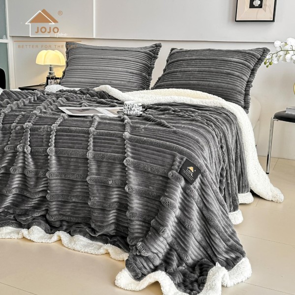 Patura CoCoLiNo cu blanita Sherpa, 200x230cm, cu Fermoar, cu 2 fete de perna 50x70cm, Jojo Home, Dungi, Gri inchis [1]