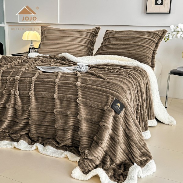 Patura CoCoLiNo cu blanita Sherpa, 200x230cm, cu Fermoar, cu 2 fete de perna 50x70cm, Jojo Home, Dungi, Maro [1]