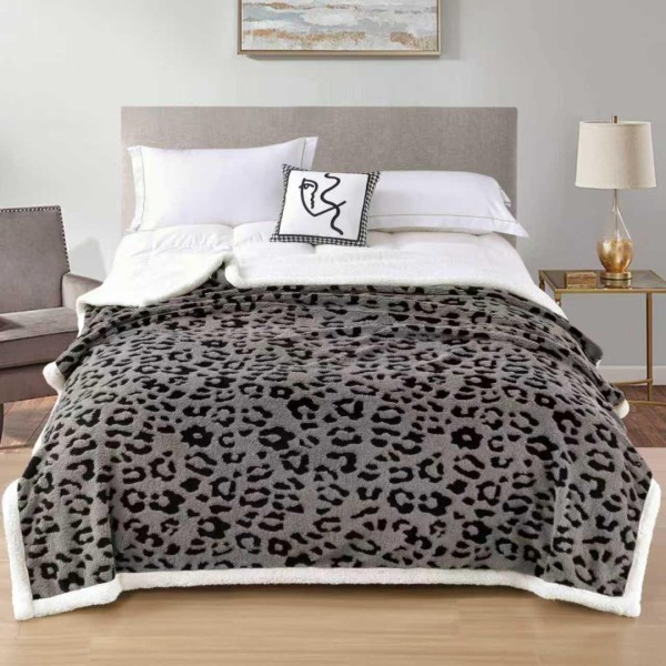   Pătură Cocolino Groasa, cu Blăniță Sherpa Alba, 200x230 cm, Leopard, Gri [1]