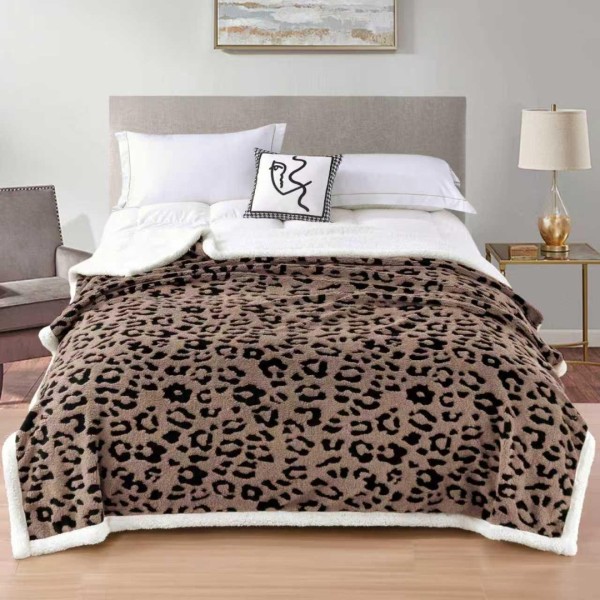   Pătură Cocolino Groasa, cu Blăniță Sherpa Alba, 200x230 cm, Leopard, Cappuccino [1]