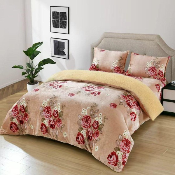 Lenjerie pat dublu cu Elastic, Super Pufoasa COCOLINO cu BLANITA, 4 piese, Bej, Flori Rosii [1]