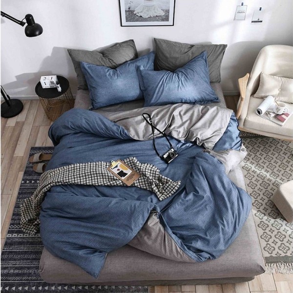 Lenjerie pat dublu, bumbac satinat, cu doua feţe, 4 piese,  Albastru, Gri, Uni bicolor [1]
