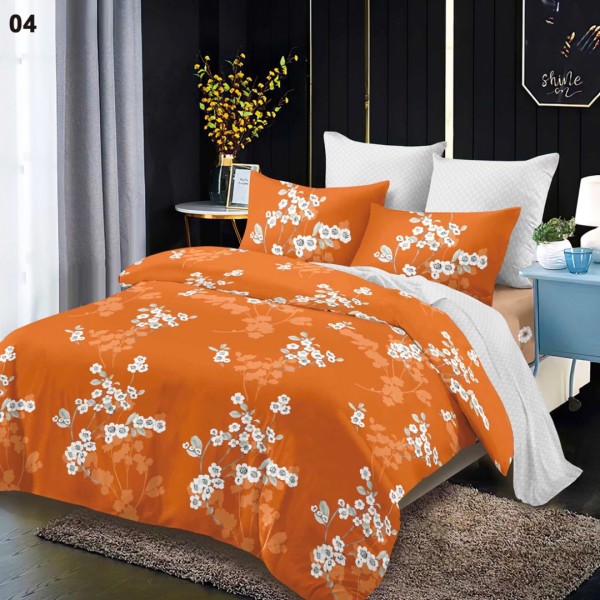 Lenjerie pat dublu,  FINET, cu elastic, 6 piese, Caramiziu, Gri, Flori [1]