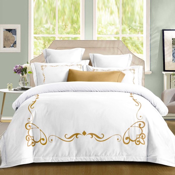 Lenjerie pat dublu, Primăvara,  FINET, Cearsaf cu Elastic 180x200cm, 4 piese, Alb, Maro, model elegant clasic - Lux Absolut, Delicatețe și Eleganță Desăvârșită [1]