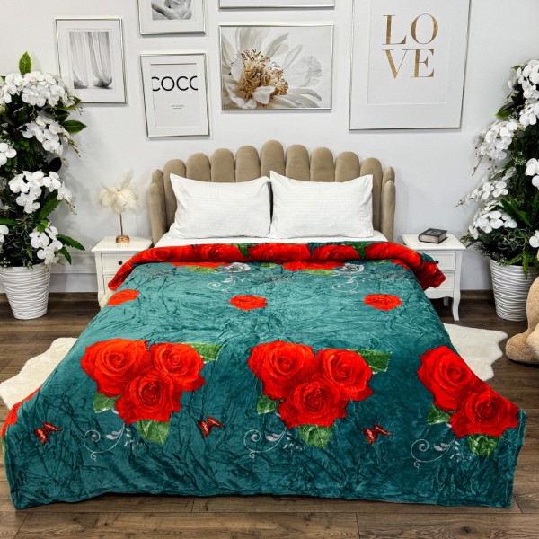 Patura pufoasa cocolino 200x230cm, 240g/mp, Verde, Trandafiri [1]