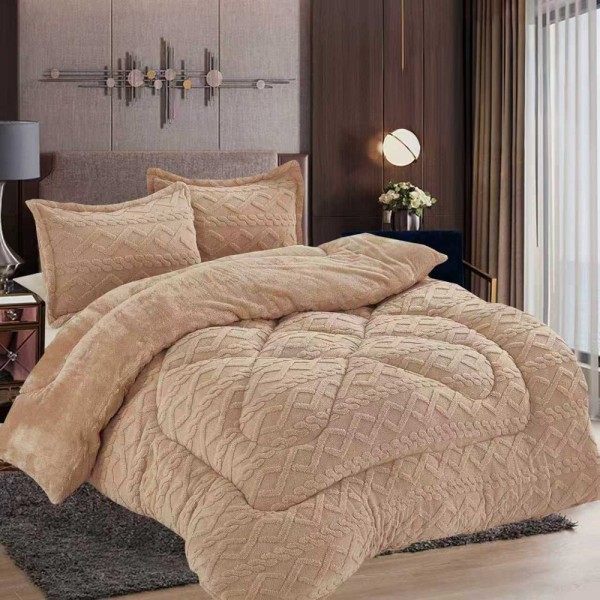 Pilota Cocolino gofrat 3D tricotaj, cu blanita asortata, 200x230cm si 2 fete de perna 50x70cm, Bej [1]