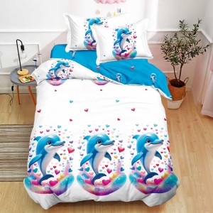 Lenjerie pat 1 PERSOANA, FINET, 4 piese, Alb, Bleu, delfini