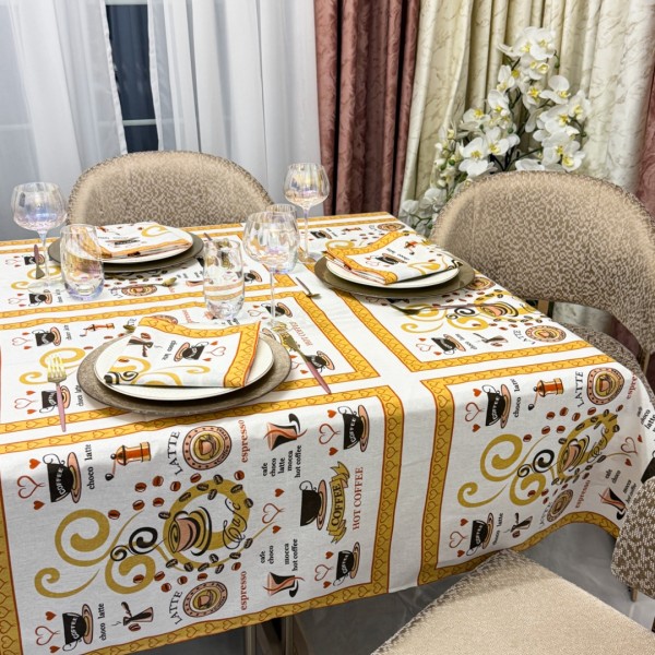 Set Față de Masă din Bumbac Imprimat cu 6 Șervețele – Eleganță și Calitate pentru Mese Perfecte, Alb, Coffee [1]