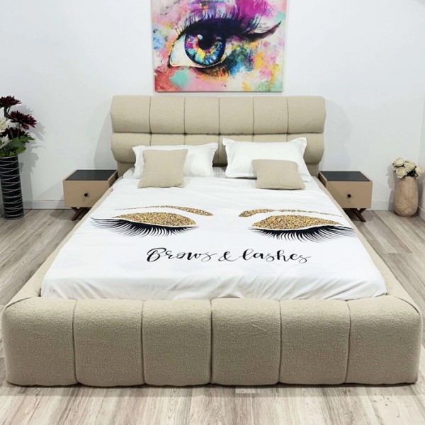Pat Tapițat, pentru Saltea de 160x200cm, Material Buclat, Crem - model ENZO - cu Somiera Fixa [1]