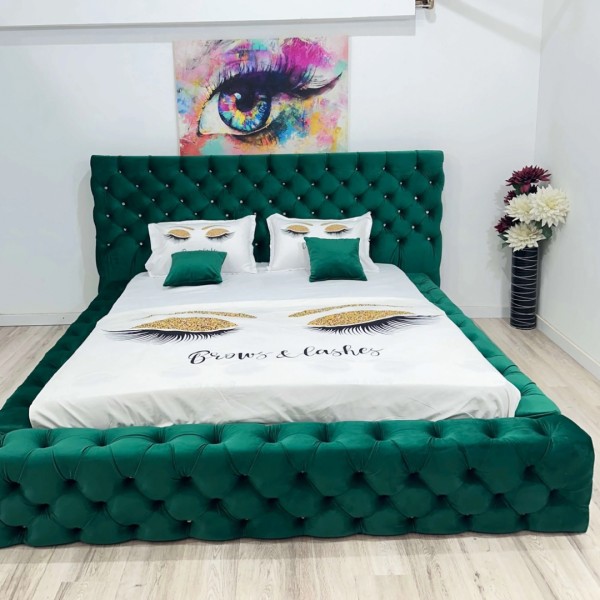 Pat Matrimonial, Tapițat stil Chesterfield, pentru saltea de 140x200cm,  cu Lada de Depozitare, Verde - model GOLD - cu Somiera Rabatabila [1]