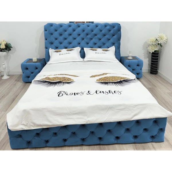 Pat Matrimonia, pentru Saltea de 180x200cm, Tapitat din Catifea, tip Chesterfield, Albastru închis - model LUXURY - cu Somiera Fixa [1]