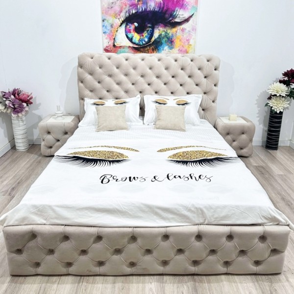 Pat Matrimonia, pentru Saltea de 180x200cm, Tapitat din Catifea, tip Chesterfield, Bej deschis - model LUXURY - cu Somiera Rabatabila [1]