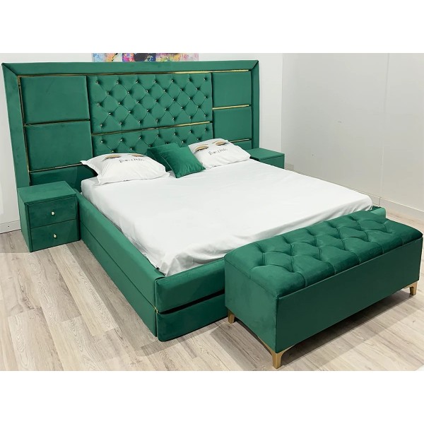 Pat Matrimonial, cu Lada de Depozitare, pentru Saltea de 180x200cm,  Tapițat din Catifea cu Accente Metalice, Verde Smarald - model MAROC - cu Somiera Rabatabila [1]