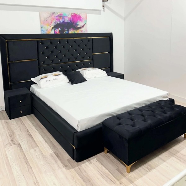 Pat Matrimonial, pentru Saltea de 180x200cm,  Tapițat din Catifea cu Accente Metalice, Negru - model MAROC - cu Somiera Fixa [1]