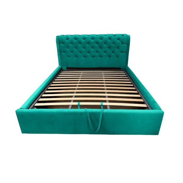Pat Matrimonial, cu Lada de Depozitare, pentru saltea de 140x200cm, Tapițat Stil Chesterfield, Turquoise, cu Nasturi - model CRYSTAL - cu Somiera Rabatabila [1]