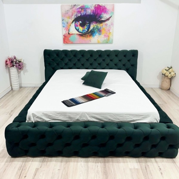 Pat Matrimonial, Tapițat stil Chesterfield, pentru saltea de 180x200cm,  cu Lada de Depozitare, Verde inchis - model GOLD - cu Somiera Rabatabila [1]