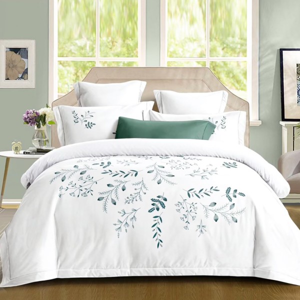 Lenjerie pat dublu, Primăvara,  FINET, Cearsaf cu Elastic 160x200cm, 4 piese, Alb, Albastru, model elegant cu flori - Lux Absolut, Delicatețe și Eleganță Desăvârșită [1]