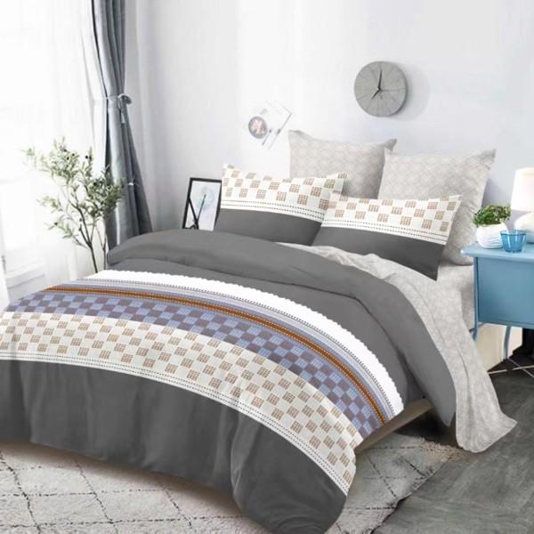 Lenjerie pat dublu,  FINET, cu elastic, 6 piese, Gri, Bej, Dungi [1]