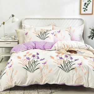 Lenjerie pat dublu (140x200cm, 160x200cm, 180x200cm), bumbac satinat, cearsaf clasic, 4 piese,  Crem, Mov, flori Lenjerie pat dublu (140x200cm, 160x200cm, 180x200cm), bumbac satinat, cearsaf clasic, 4 piese,  Crem, Mov, flori