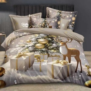 Lenjerie pat dublu,  FINET, Digital Print, Craciun, Gri, Bej, Multicolor, Moș Crăciun, ren, cadouri Lenjerie pat dublu,  FINET, Digital Print, Craciun, Gri, Bej, Multicolor, Moș Crăciun, ren, cadouri
