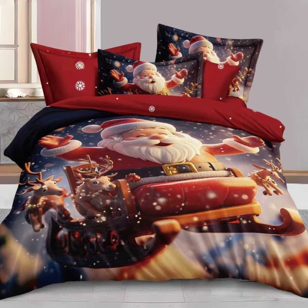 Lenjerie pat dublu,  FINET, Digital Print, Craciun, Gri, Rosu, Multicolor, Moș Crăciun cu sania [1]