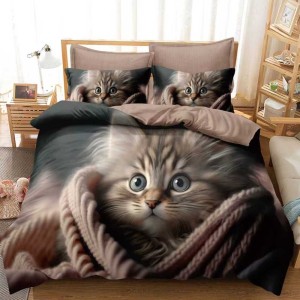 Lenjerie pat dublu,  FINET, 6 piese, IDENTICA CU POZA, Bej, pisica